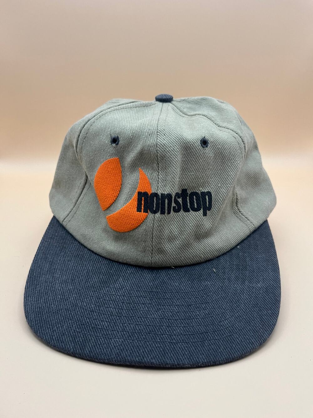 Vintage Nonstop Strapback Hat Khaki Navy Embroidered Orange Logo Nissun Cap 90s